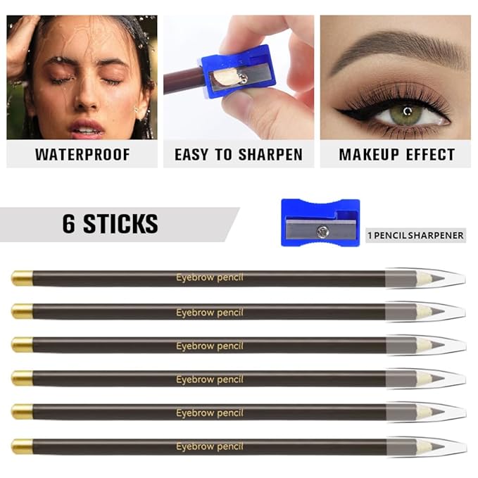6Pcs Gray Brown Eyebrow Pencils for Women,Wooden Hard-Core Eyebrow Eyeliner Pencil,Sharpener Included,Long Lasting Waterproof Sweat-proof Create a Natural Eye Brow Makeup,Beginner Brow Pencil,Vegan