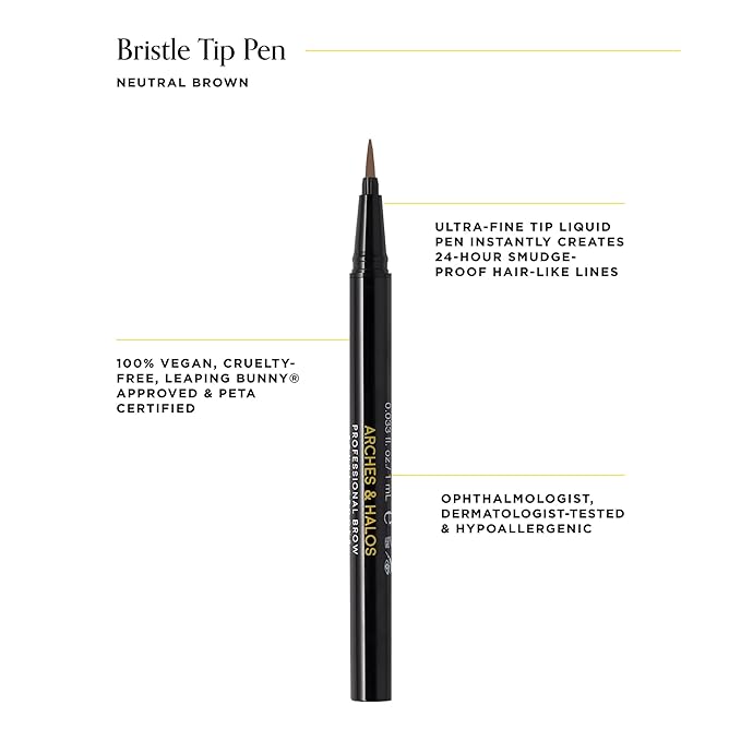 Arches & Halos Fine Bristle Tip Pen - Creamy, Buildable Formula for Shaping and Defining Eyebrows - Waterproof, Long Lasting, 24 Hour Color - Precise Bristled Applicator Tip - Natural Brown - 0.02 oz