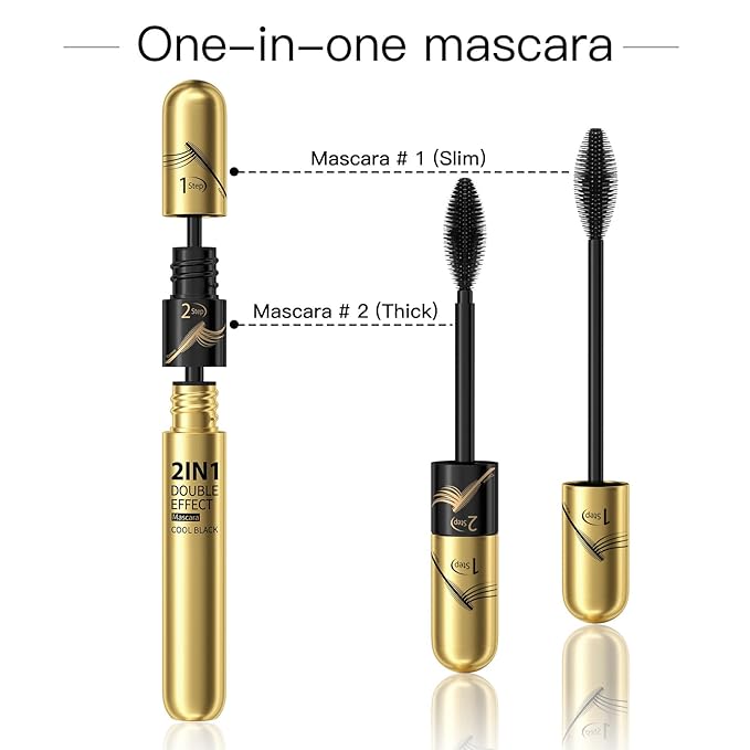 2pcs 2-in-1 4D Double Effect Fiber Mascara: Curling and Intensifying, Daily Waterproof, 5x Longer, Voluminous & Smudge-Proof, No Flaking and No Clumping, Black and Golden Tube Set