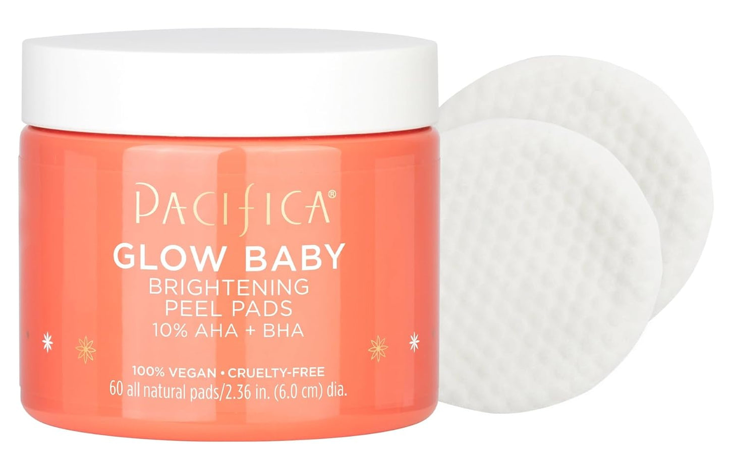 Pacifica Glow Baby Brightening Peel Pads 10% AHA + BHA Exfoliating Face Pads for Glowing Skin Resurfacing Glycolic Acid & Salicylic Acid Pad to Smooth Texture & Minimize Pores Fragrance Free 60 Count