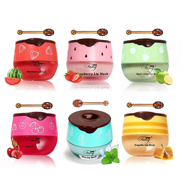 Fruit Lip Mask Set with Honey & Vitamin E, Moisturizing Overnight Treatment, Effective Reduces Lip Lines Prevention Dry and Cracked (6 Flavors)