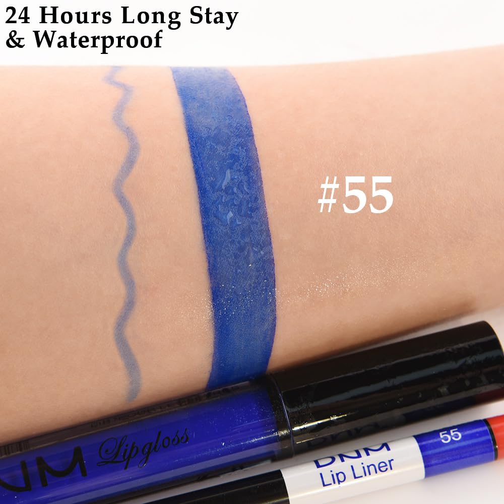 evpct 2Pcs Dark Royal Blue Matte Liquid Lipstick Lip Gloss Stain and Retractable Lip Liner Makeup Set for Women Long Lasting Waterproof 24 Hours Lipstick labial mate larga duracion 24 55#