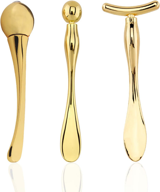 BetterJonny 3Pcs Metal Eye Cream Applicator Roller Wand Stick, Cosmetics Spoon Eye Cream Massager Wand Girls Women Facial Massager for Fatigue Relief Reduce Puffiness (Gold)