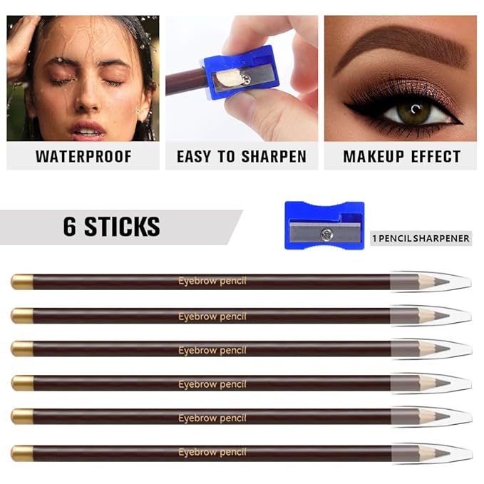 6Pcs Eyebrow Pencils for Women,Wooden Hard-Core Dark Brown Eyebrow and Eyeliner Pencil,Long Lasting Waterproof and Sweat-Proof,Beginner Makeup Brow Pencil,Create a Natural Eye Brow Makeup,Vegan