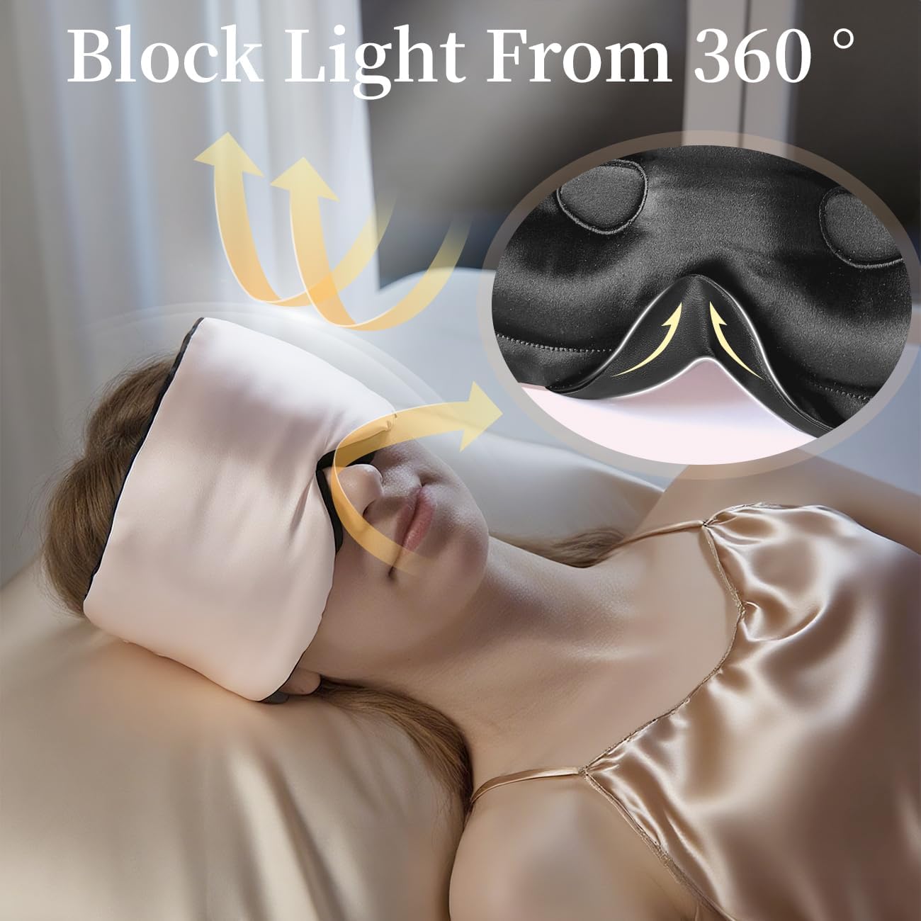 USlixury Silk Sleep Mask, 3D Contoured Sleeping Masks, Blackout Sleep Masks for Women with Nose Wing,100% Mulberry Silk, Face-Hugging Non-Slip SLEP Mask for Side Sleeper, 27.5x4.5'', Pink