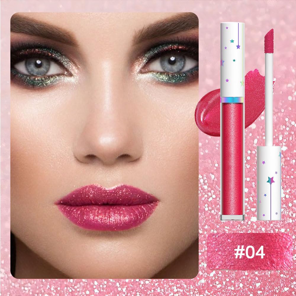 evpct 1Pcs Sexy Red Metallic Glitter Lip Gloss Stain Lipstick for Women Long Lasting Waterproof 24, Ruby Red Frosted Metallic Shimmer Glossy Chrome iridescent Liquid Lipstick Lip Gloss Makeup 04