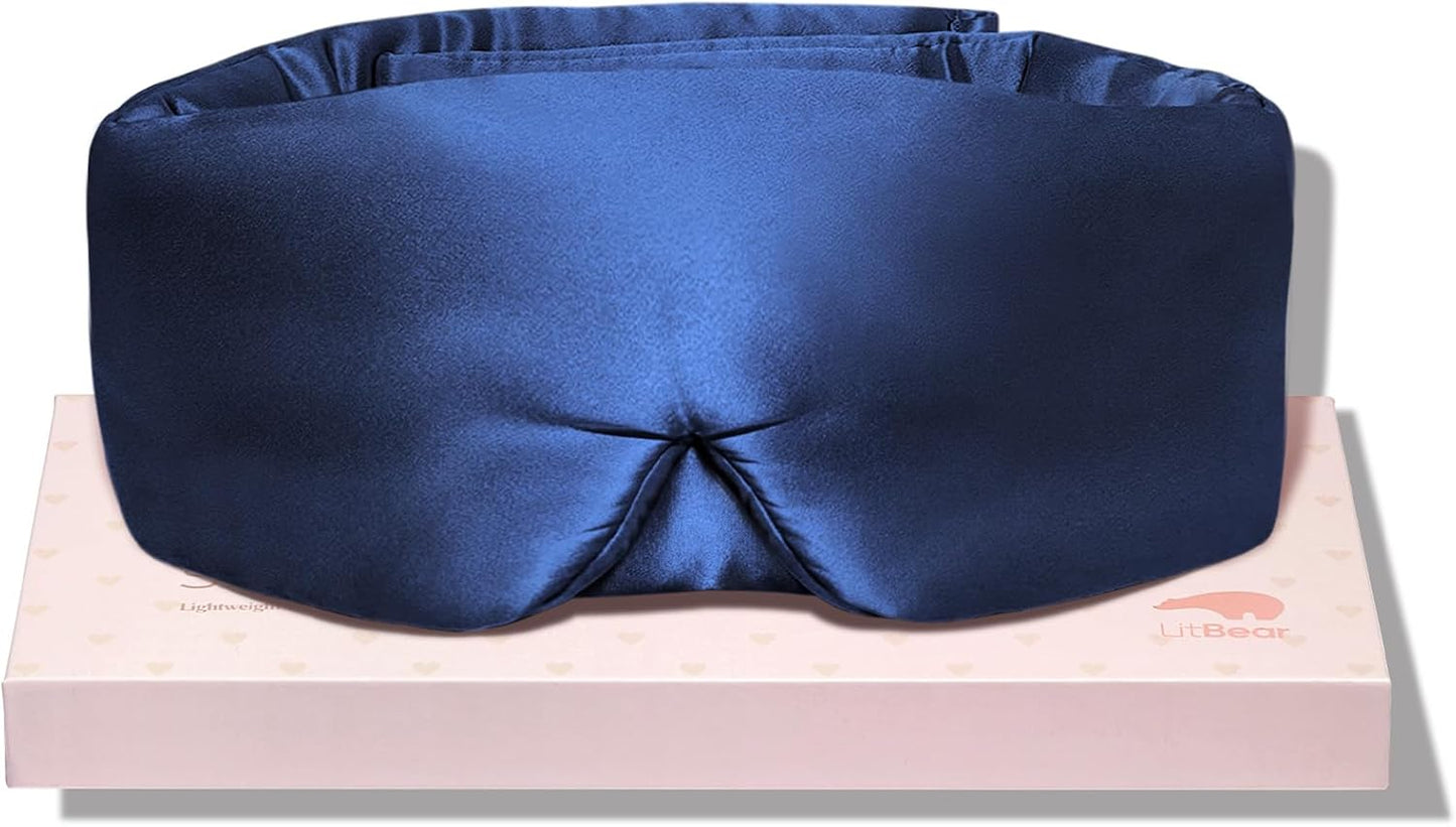 LitBear Silk Sleep Mask for Side Sleepers, 100% 22 Momme Pure Mulberry Silk, Face-Hugging Padded Eye Cover with Adjustable Band (Midnight Blue)