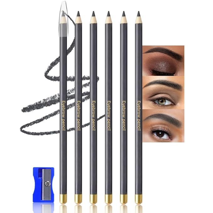 6Pcs Grey Eyebrow Pencils for Women,Wooden Hard-Core Eyebrow Eyeliner Pencil,Sharpener Included,Long Lasting Waterproof Sweat-proof Create a Natural Eye Brow Makeup,Beginner Brow Pencil,Cruelty-Free
