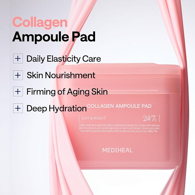 MEDIHEAL Toner Pads [Collagen] - Ampoule Toner Pad with Collagen & Ceramide - Skin Firming & Restore Elasticity & Deep Hydration - Tighten Wrinkles & Lines - Vegan Moisturizing Fabric (100 Count) s