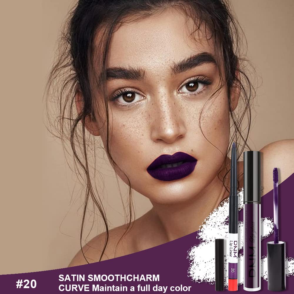 evpct 2Pcs Dark Deep Purple Plum Black Matte lipstick and Lip Liner Pencil Makeup Set for women Matte Smudge Proof Lipstick Lip Stain Long Lasting Waterproof labiales mate 24 horas originales 20#