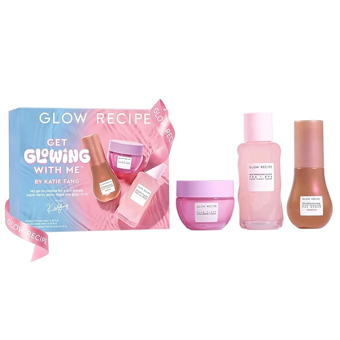 Glow Recipe Get Glowing With Me Kit by Katie Fang - PHA + BHA Face Toner & Gentle Face Exfoliant + Plum Plump Hyaluronic Acid Moisturizer Face Cream + Hue Drops Tinted Serum (3 Count)