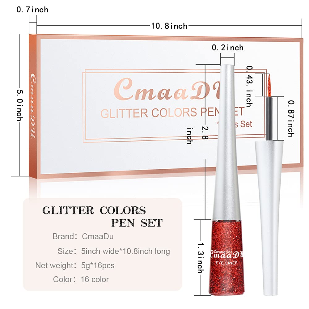 evpct 16 Color Liquid Glitter Eyeliner Sets Eyeliner Glitter Liquid Liners for Women White Silver Rose Gold Pink Sparkly Sparkle Shimmer Eyeliners delineador con glitter de colores para ojos colores