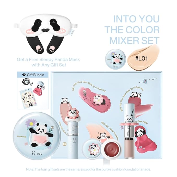 INTO YOU x M.Lan Panda The Color Mixer Set Limited Edition - 7 pieces Makeup Box Sets, Matte Lipstick + Canned Lip Mud + Blush & Highlight Duo + Cushion Foundation + Gift Bundle, L01 Set