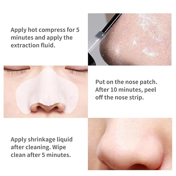 Blackhead Remover 3-in-1 Kit with Pore Strips, 10ml Blackhead Removal Liquid and 10ml Pore Shrinking Essence, Facial Care Set for Nose & T-Zone, Gentle for All Skin Types