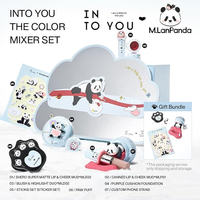 INTO YOU x M.Lan Panda The Color Mixer Set Limited Edition - 7 pieces Makeup Box Sets, Matte Lipstick + Canned Lip Mud + Blush & Highlight Duo + Cushion Foundation + Gift Bundle, L01 Set