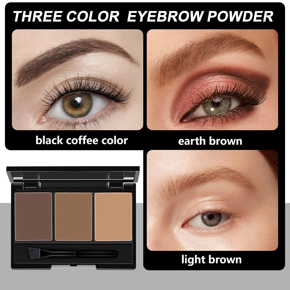 Eyebrow Powder Dark Brown Medium Brown Kit,Eye Brow Powder for Women with Brow Brush,Long-Lasting Waterproof Three Colors Brow Filler Get Full Defined Natural Brows,Brown Eyebrow Powder Makeup