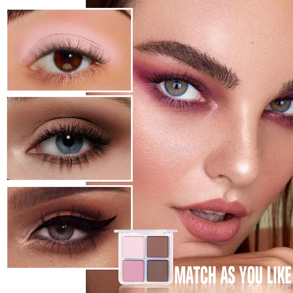 evpct Pink Powder Eyeshadow Quad Palette, Light Pink Rose Nude Chocolate Dark Brown Matte Glitter Shimmer Matte High Pigment Eye Shadow Palette Makeup for older Women, Smudge Proof Vegan Cruelty-free