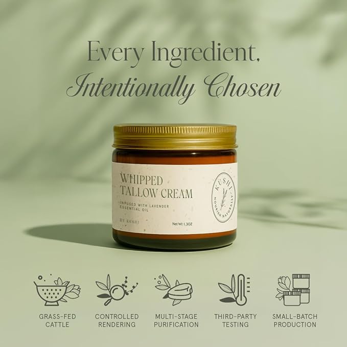 KUSHI Grass-Fed Whipped Tallow Cream Moisturizer for Face & Body – Organic Lavender – Vitamins A, D, E, K – Paraben & Sulfate Free, All-Natural Skin Care – 1.3oz