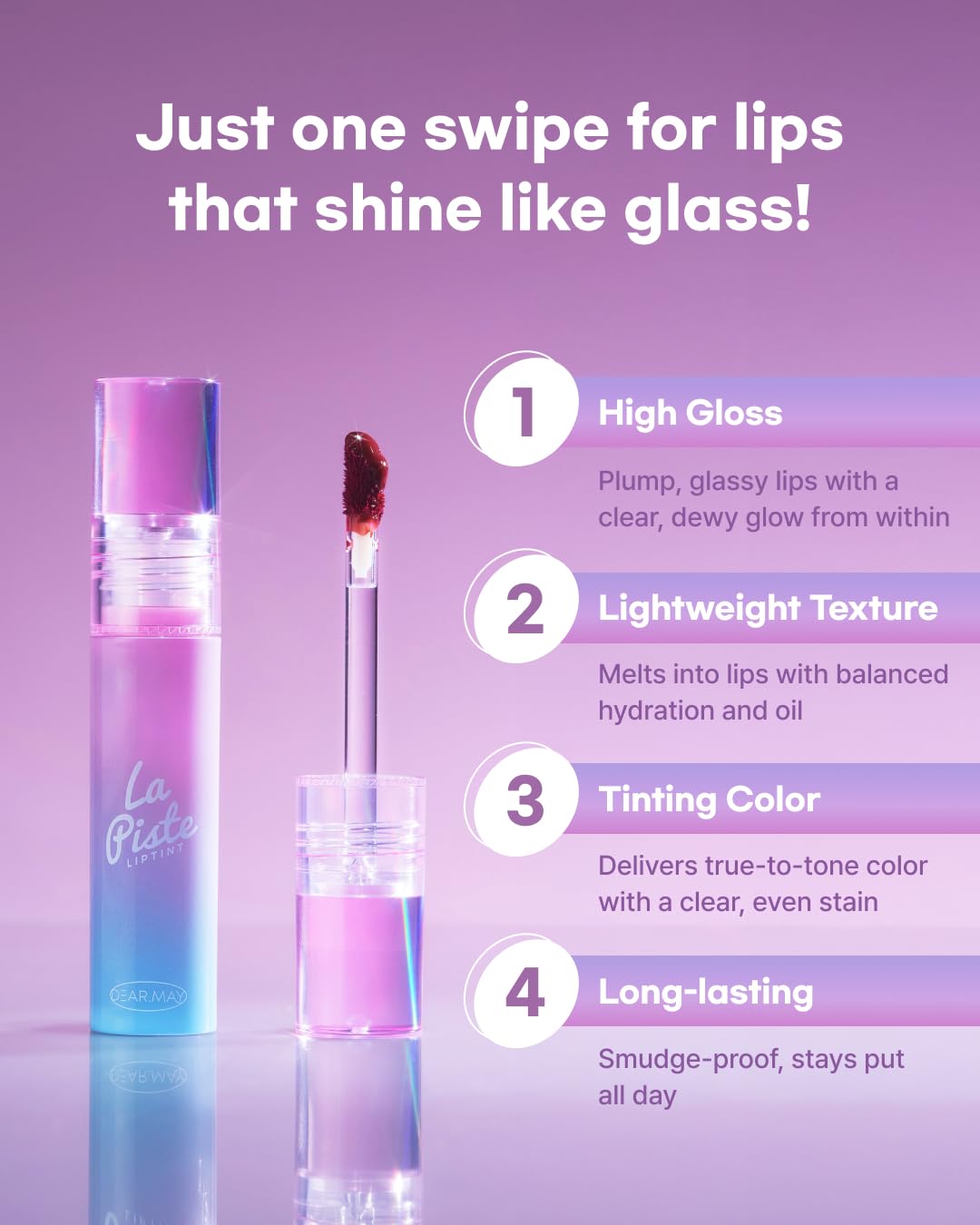 DEARMAY LA PISTE LIP TINT LP05 Starry 0.14 oz. long lasting lip stain with glossy finish and lightweight texture, non sticky, hydrating formula with no flaking and glassy vivid tint, korean makeup