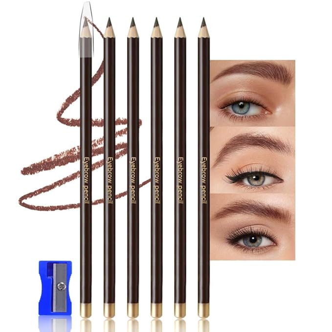 6Pcs Eyebrow Pencils for Women,Wooden Hard-Core Medium Brown Eyebrow and Eyeliner Pencil,Long Lasting Waterproof and Sweat-Proof,Beginner Makeup Brow Pencil,Create a Natural Eye Brow Makeup,Vegan