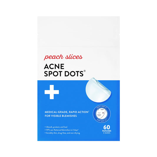 Peach Slices | Acne Spot Dots | Hydrocolloid Acne Patches | For Zits, Blemishes, & Breakouts | Vegan | Cruelty-Free | Pimple Patches | Facial Skin Care Products | 3 Sizes (7mm, 10mm, & 12mm) | 60 Ct