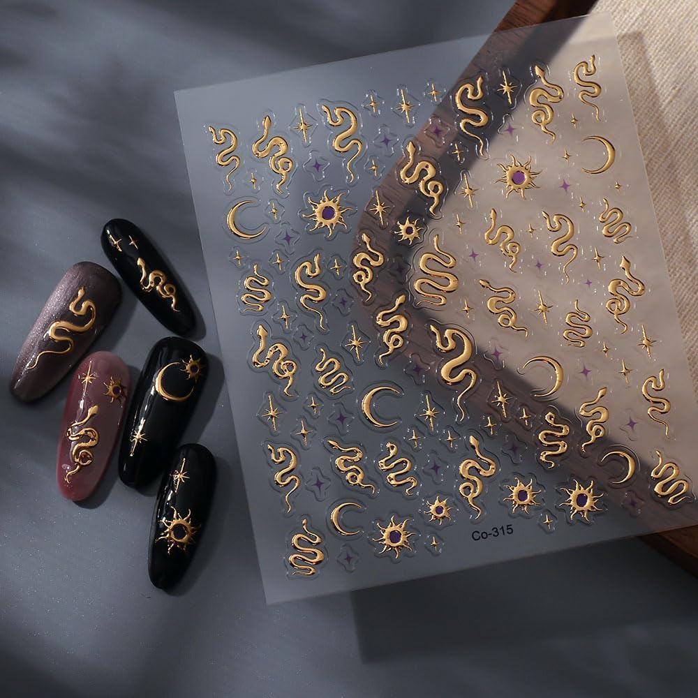 Gold Snake Nail Art Stickers 5D Embossed Moon Star Nail Stickers, Self-Adhesive Durable Nail Art Decals for Women Girls, Nail Wraps Decoration Manicure for DIY Acrylic Nail Accessories