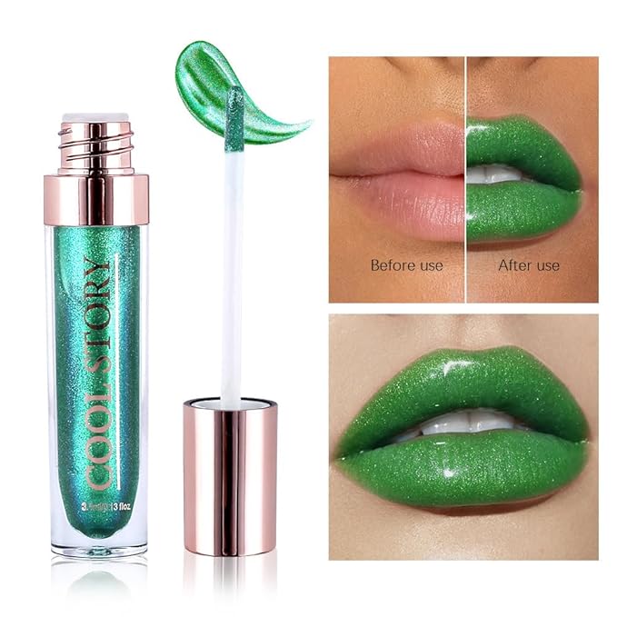 GECOMO Colorful Explosive Pearlescent Lip Gloss 3D Multifunctional Fine Glitter Chameleon Lip Gloss Polarized Diamond Makeup,Magic Big Brush Color Changing Lip Oil(106# COLORFUL GREEN FLASH)