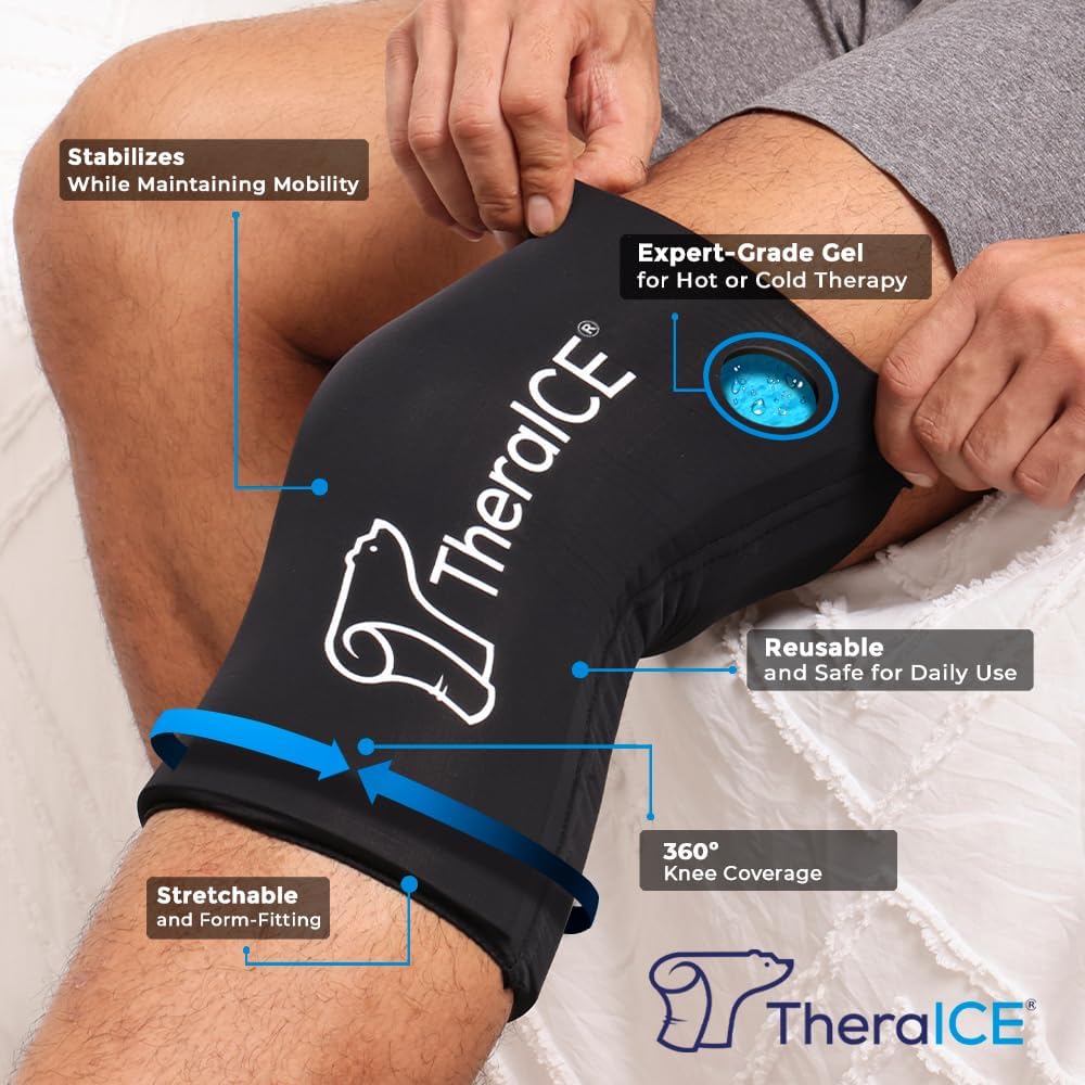 TheraICE Knee Ice Pack Wrap Compression Sleeve for Injuries, Reusable Gel Cold Packs Brace Also for Elbow, Ankle & Calf - Flexible Cold Wrap Recovery for Meniscus, ACL, MCL Pain Relief