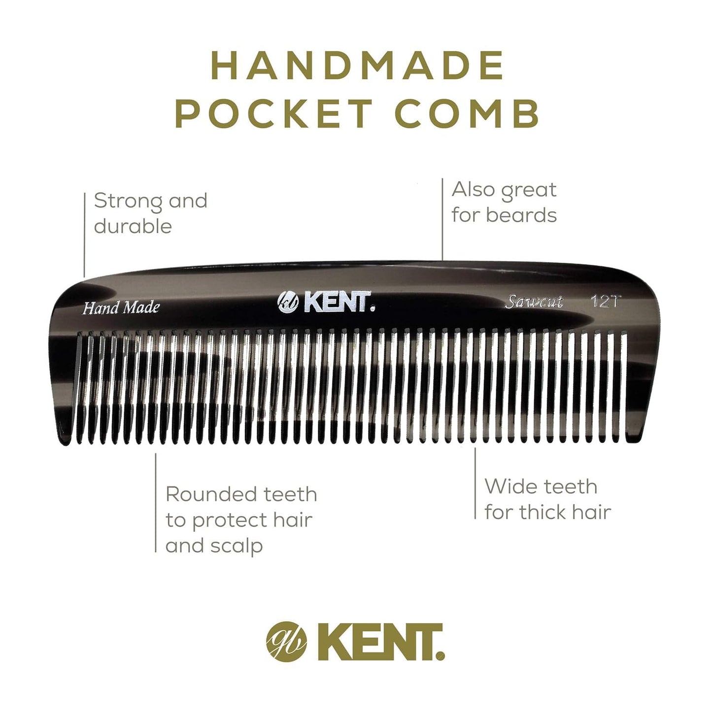 Kent 12T Black Graphite Pocket Comb - Handmade Wide Tooth Hair Comb for Men, Women, and Kids - Travel, Beard, and Mustache Comb - Saw Cut and Hand Polished Made in England