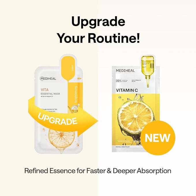 Mediheal Vitamin C Essential Sheet Mask Clear Toning 10 pcs. 99% Pure Vitamin C & 10 Vita Actives for hydration, blemish. Vegan formula