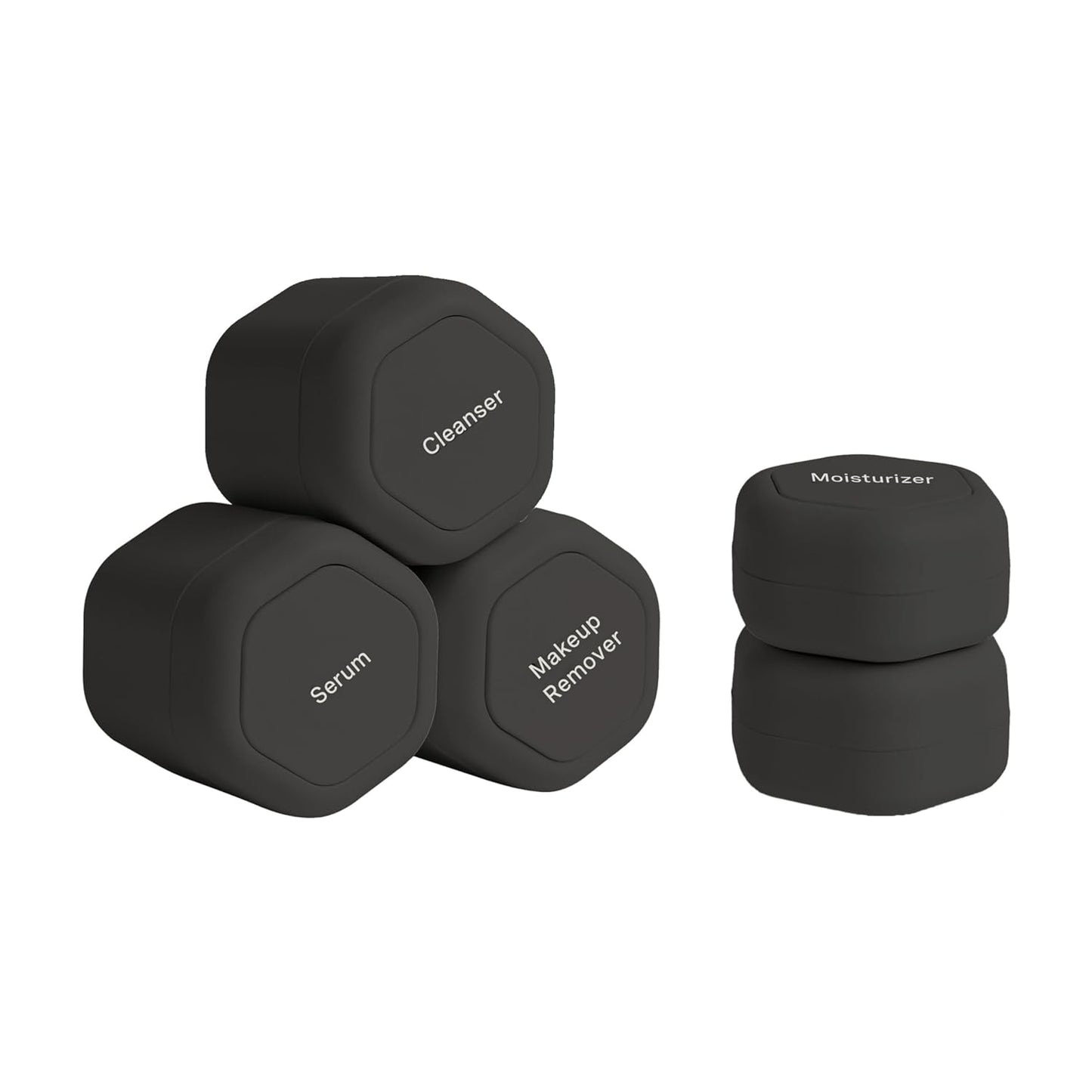 Cadence Travel Containers - Core Skincare Set - Magnetic Containers with Lids,2 Small (0.56oz) & 3 Medium (1.32oz) - Cleanser, Moisturizer, Serum, Makeup Remover & Sun Icon Labels - Charcoal