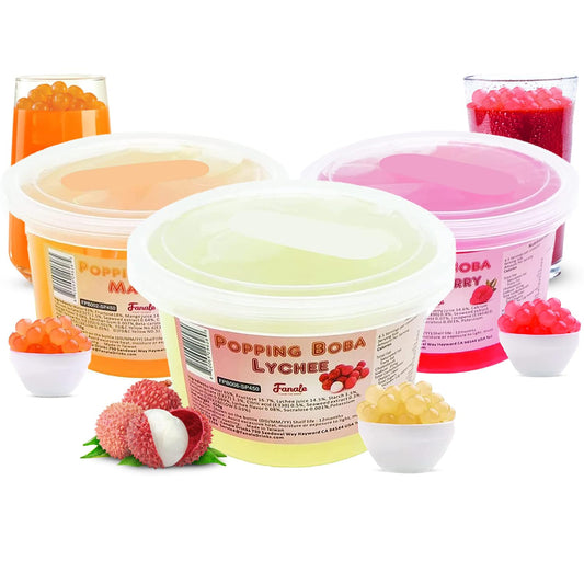 Fanale Strawberry Mango Lychee Popping Boba Pearls, Vegan, Non GMO, Gluten Free, Fat Free, Perfect for Bubble Tea, Smoothies, Ice Cream, Desserts, and Beverages 3 lb (1 lb X 3)