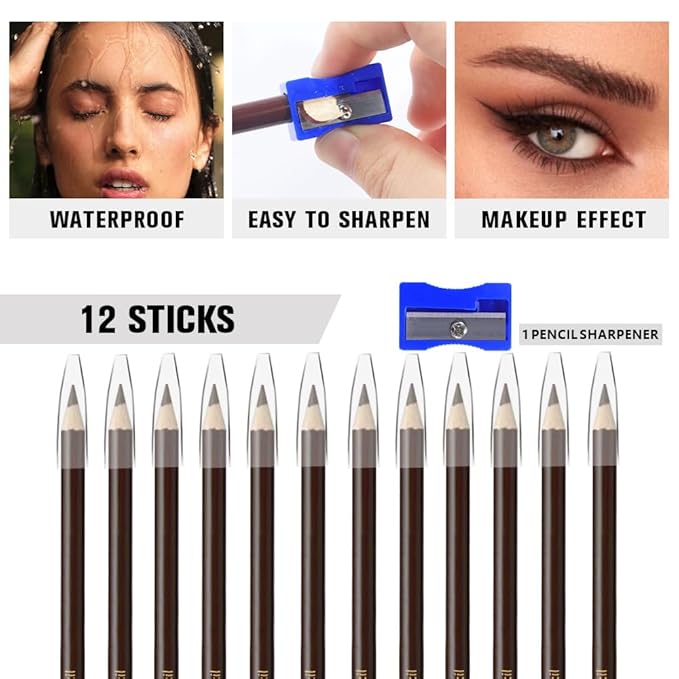 12Pcs Eyebrow Pencils for Women,Wooden Hard-Core Brown Eyebrow and Eyeliner Pencil,Long Lasting Waterproof and Sweat-Proof,Beginner Makeup Brow Pencil,Create a Natural Eye Brow Makeup,Vegan