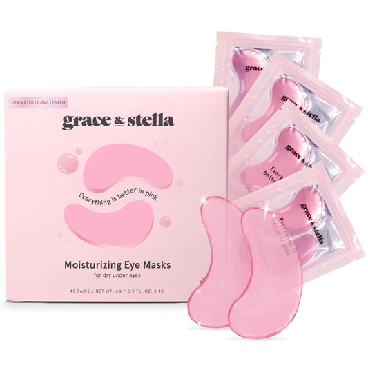 grace & stella Award Winning Under Eye Mask (Pink, 48 Pairs) Reduce Dark Circles, Puffy Eyes, Undereye Bags, Wrinkles - Gel Under Eye Patches - Gifts for Girlfriend - Vegan Cruelty-Free Self Care
