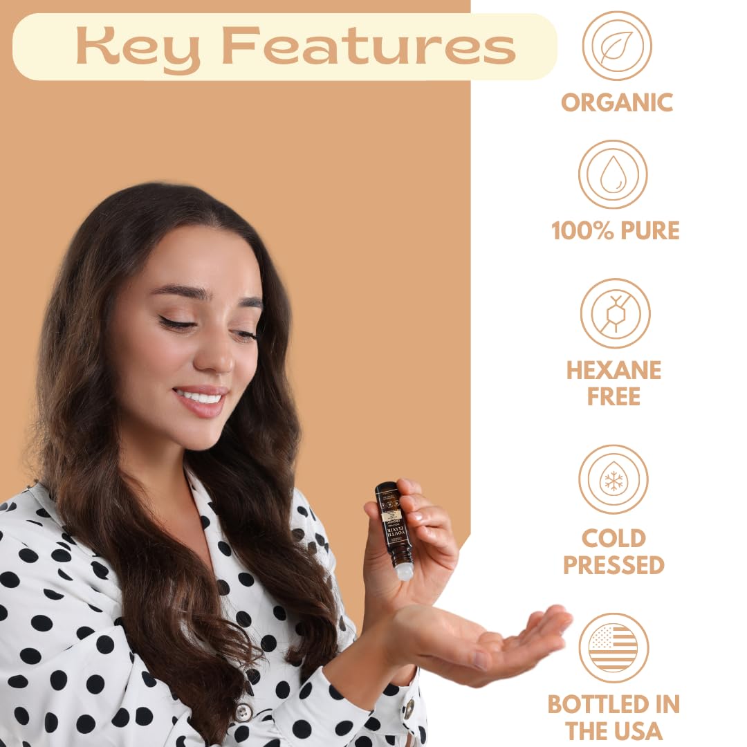 Youth Elixir - Roll On Facial Serum For Under Eyes and Face with Certified Organic, Cold Pressed, Hexane Free Castor, and Frankincense Oil - Miracle Anti-Aging Oil 10mL