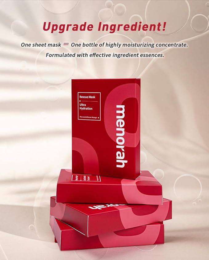 menorah skincare - Ultra Hydration Rescue Sheet Mask (4 Sheets) - with Rice, African Mango, Face sheet masks, Moisturizing mask, Super Hydration and Moisturizing, 100% Organic cotton sheet mask