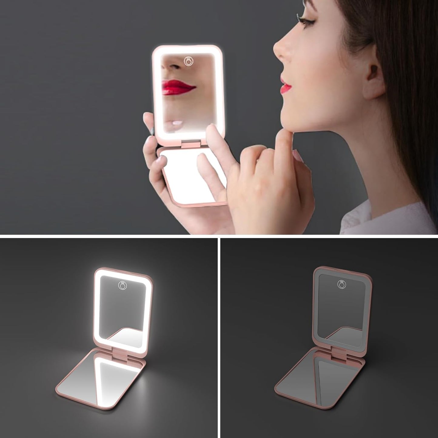 Kintion 2025 Pocket Mirror, Rechargeable Dimmable 3 Color Lighting 1X/3X LED Compact Travel Makeup Mirror for Purse, Portable, Folding, Handheld, Small Lighted Mirror for Women Gift, Pink