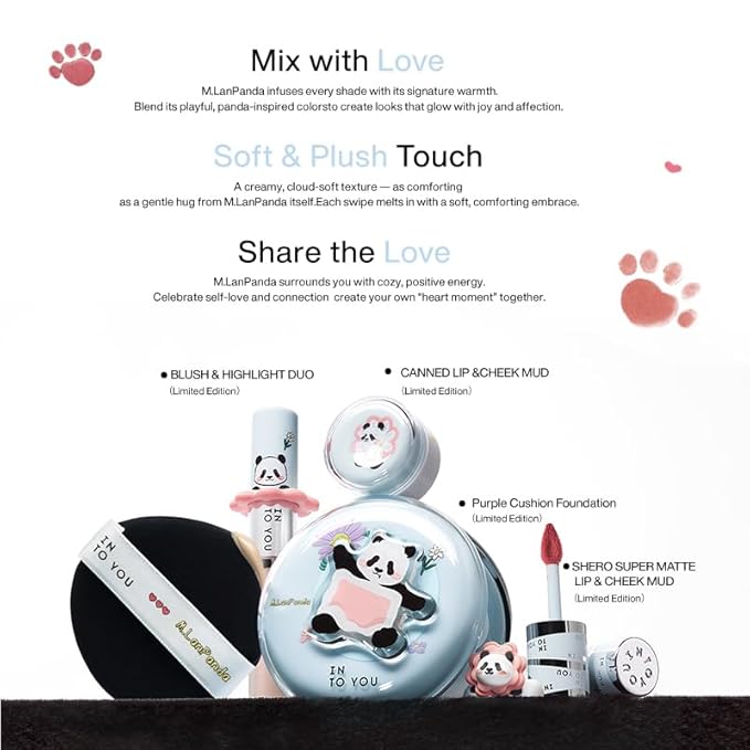 INTO YOU x M.Lan Panda The Color Mixer Set Limited Edition - 7 pieces Makeup Box Sets, Matte Lipstick + Canned Lip Mud + Blush & Highlight Duo + Cushion Foundation + Gift Bundle, M02 Set