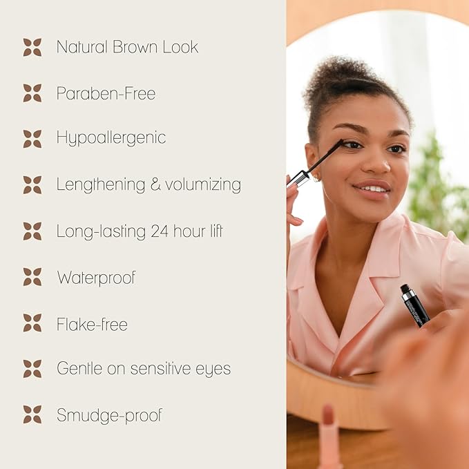 Poppy Austin Organic Mascara, Natural, Vegan, Paraben-Free, Cruelty-Free - Hypoallergenic Mascara Lengthening & Volumizing with Argan Oil - 0.31 Fl Oz (Brown)