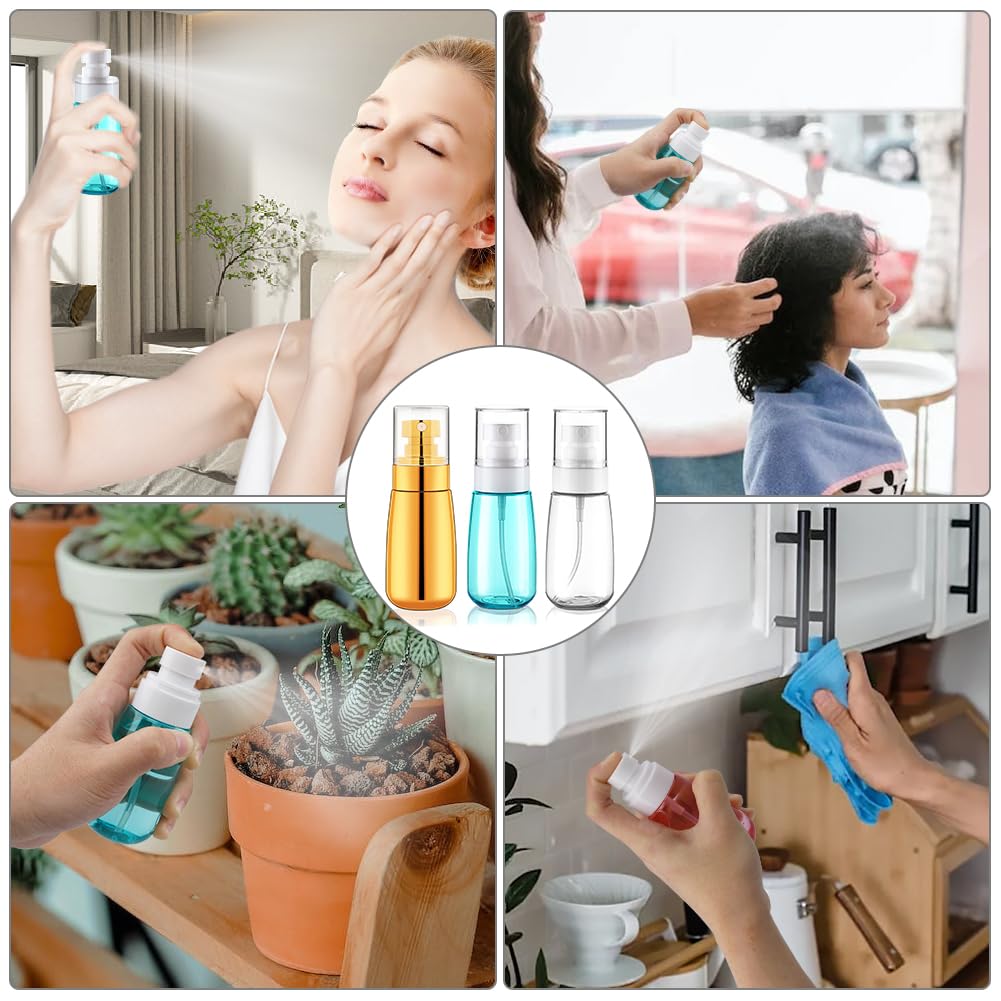 Cosywell Travel Spray Bottle TSA Approved 3 Pack 2oz 60ml Leak Proof Fine Mist Spray Bottle Empty Plastic Refillable Containers for Hair Perfume Toners Rose Water Cosmetics(Gold+Green+Clear)