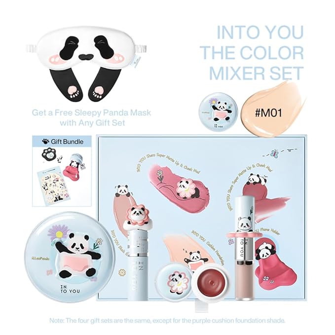 INTO YOU x M.Lan Panda The Color Mixer Set Limited Edition - 7 pieces Makeup Box Sets, Matte Lipstick + Canned Lip Mud + Blush & Highlight Duo + Cushion Foundation + Gift Bundle, M01 Set