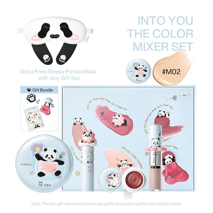 INTO YOU x M.Lan Panda The Color Mixer Set Limited Edition - 7 pieces Makeup Box Sets, Matte Lipstick + Canned Lip Mud + Blush & Highlight Duo + Cushion Foundation + Gift Bundle, M02 Set