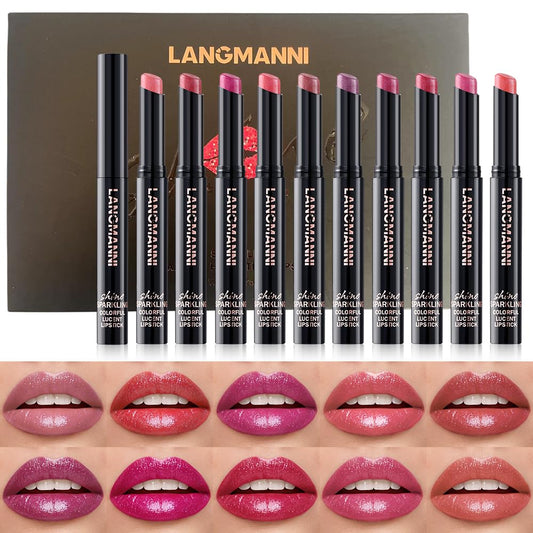Jolilab 10Pcs Set Sparkling Lipstick Lip Gloss Long Lasting Waterproof Moisturizer Lip Balm Glitter Shimmer Metallic, Diamond Shiny Bold Glow Goth Lipstick for Women Girls, Non-sticky