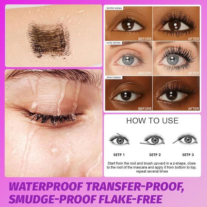 Black Volumizing Curl Long-Wearing Mascara Smudge-Proof Intense Length Feathery Soft Full Lashes Waterproof No Flaking Non Smudging Clumping，Cruelty Free
