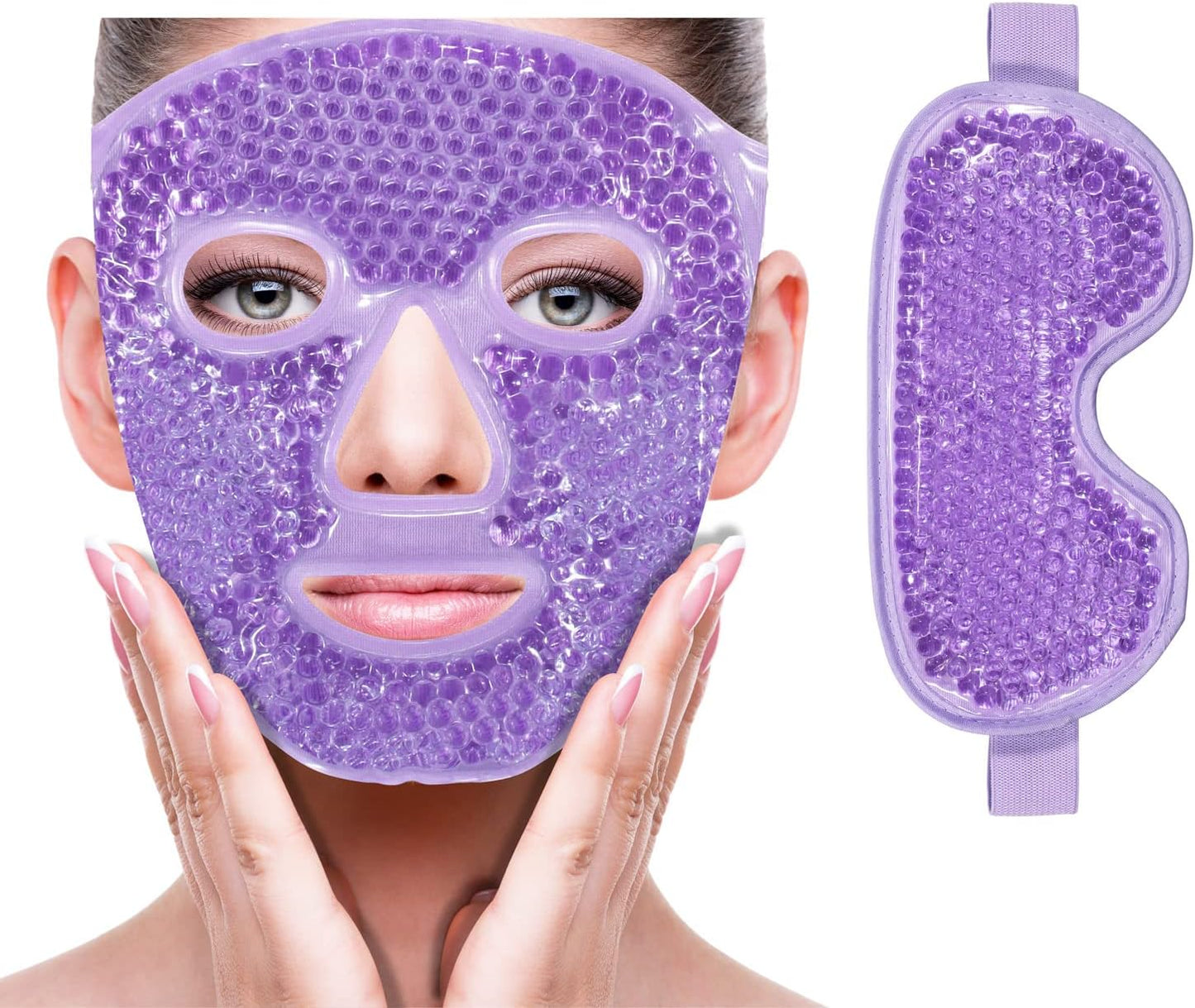 Cooling Ice Face Eye Mask for Reducing Puffiness, Bags Under Eyes,Sinus,Redness,Pain Relief,Dark Circles, Migraine,Hot/Cold Pack with Soft Plush Backing (Purple(1* Eye Mask+1*Face Mask))