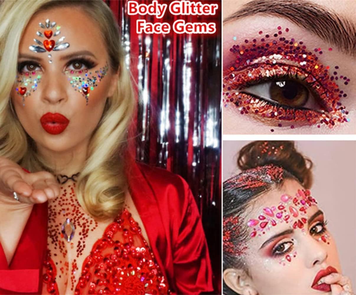 Go Ho Red White and Blue Body Glitter Set,4th of July Outfits for Women Reflective Glitter Makeup,Red White Bue Holographic Long Lasting Chunky Sequins Glitters,4th of July USA Accessories