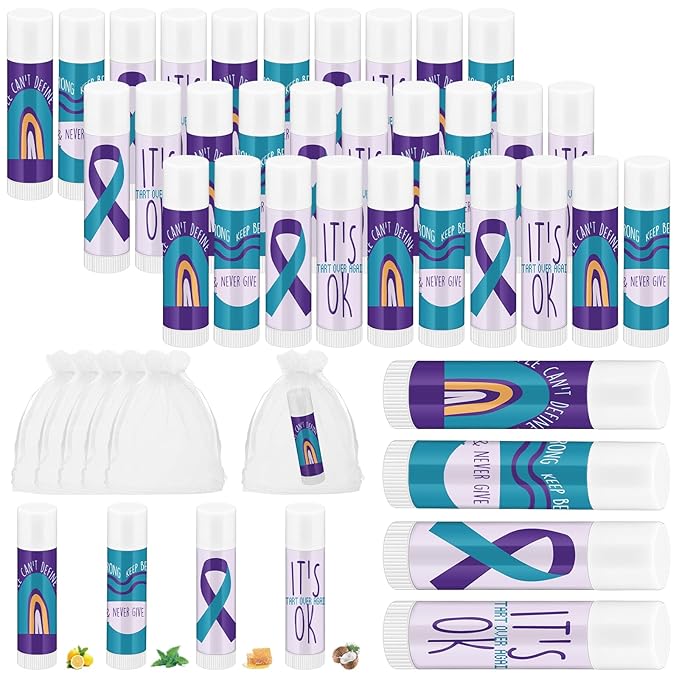 Fumete 50 Pcs Suicide Prevention Awareness Lip Balm Bulks Purple Teal Ribbon Lip Balm Mental Health Care Gift for Suicide Prevention Awareness Inspirational Favor Charity Campaign Supplies