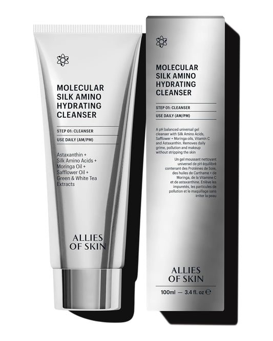 Allies of Skin Molecular Silk Amino Hydrating Cleanser: Hyaluronic Acid, Ceramides, Safflower & Moringa Oils. Nourishes, Conditions & Repairs 100 ml/2.4 oz