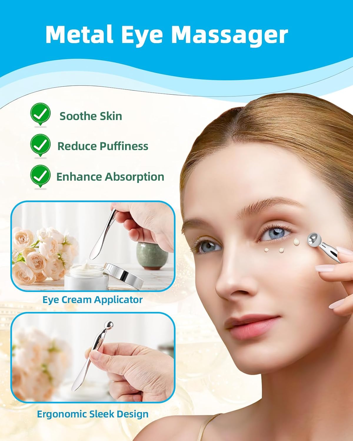 Under Eye Patches Silicone - 2 Pairs Reusable Eye Patches, Eye Wrinkle Patches, Reusable Under Eye Mask, Plump Fine Lines & Wrinkles, with Metal Eye Cream Applicator, Tin Case, Blue