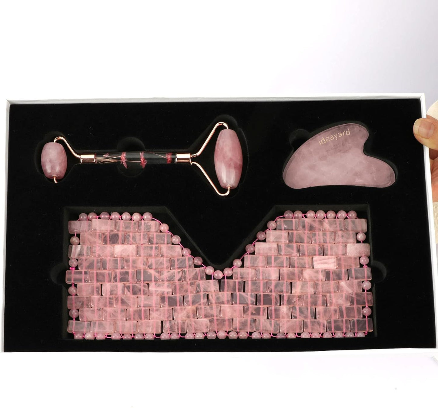 Rose Quartz Eye Mask & Face Roller and Gua Sha 3-in-1, Real Natural AAA Rose Quartz for Skin Care SPA Facial